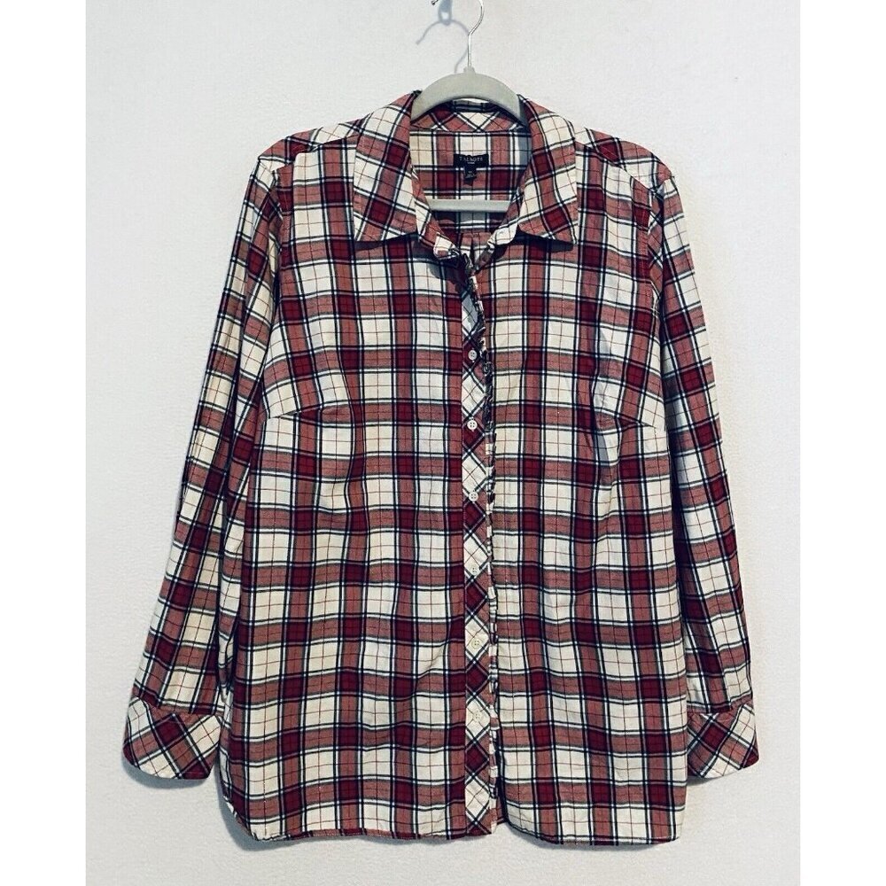 Talbots Top Womens 1X Red Metallic Plaid Button Up Ruffle Western Cottagecore